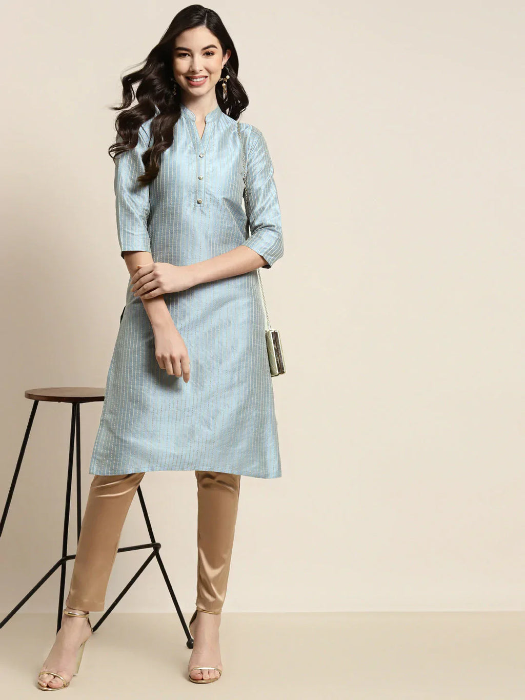 Jompers Women's Grey Striped Thread Work Kurta