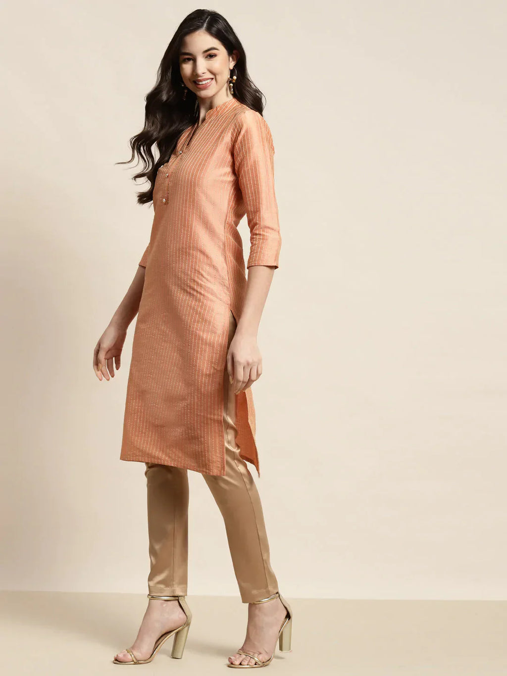 Jompers Women's Orange Striped Thread Work Kurta