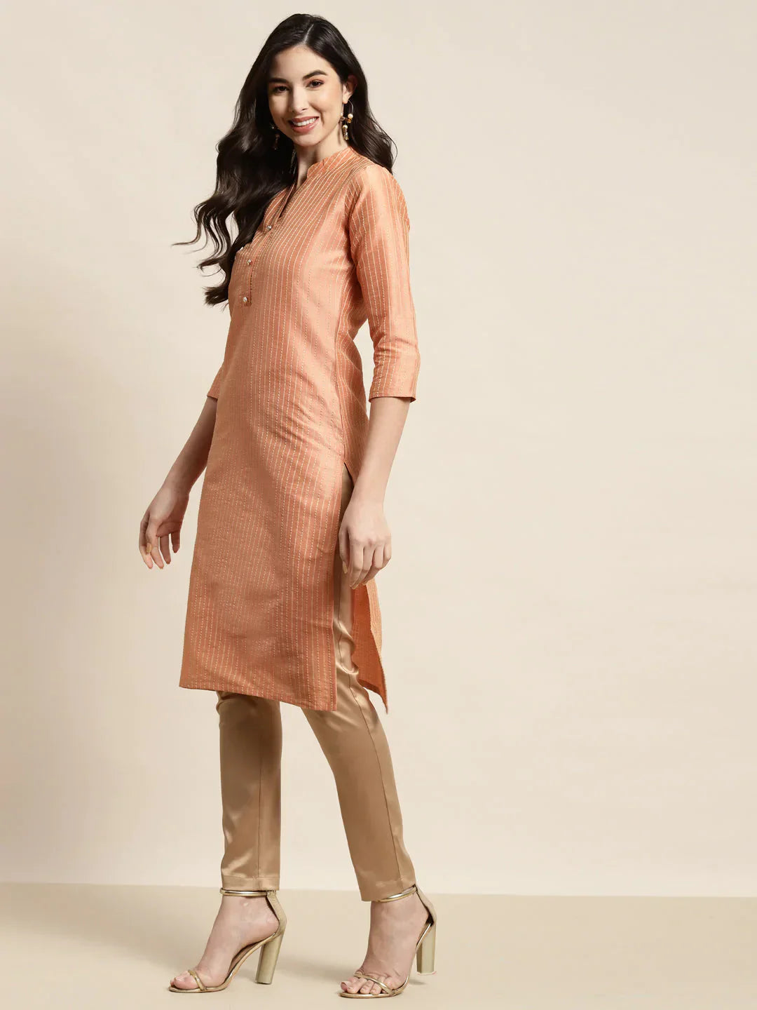 Jompers Women's Orange Striped Thread Work Kurta