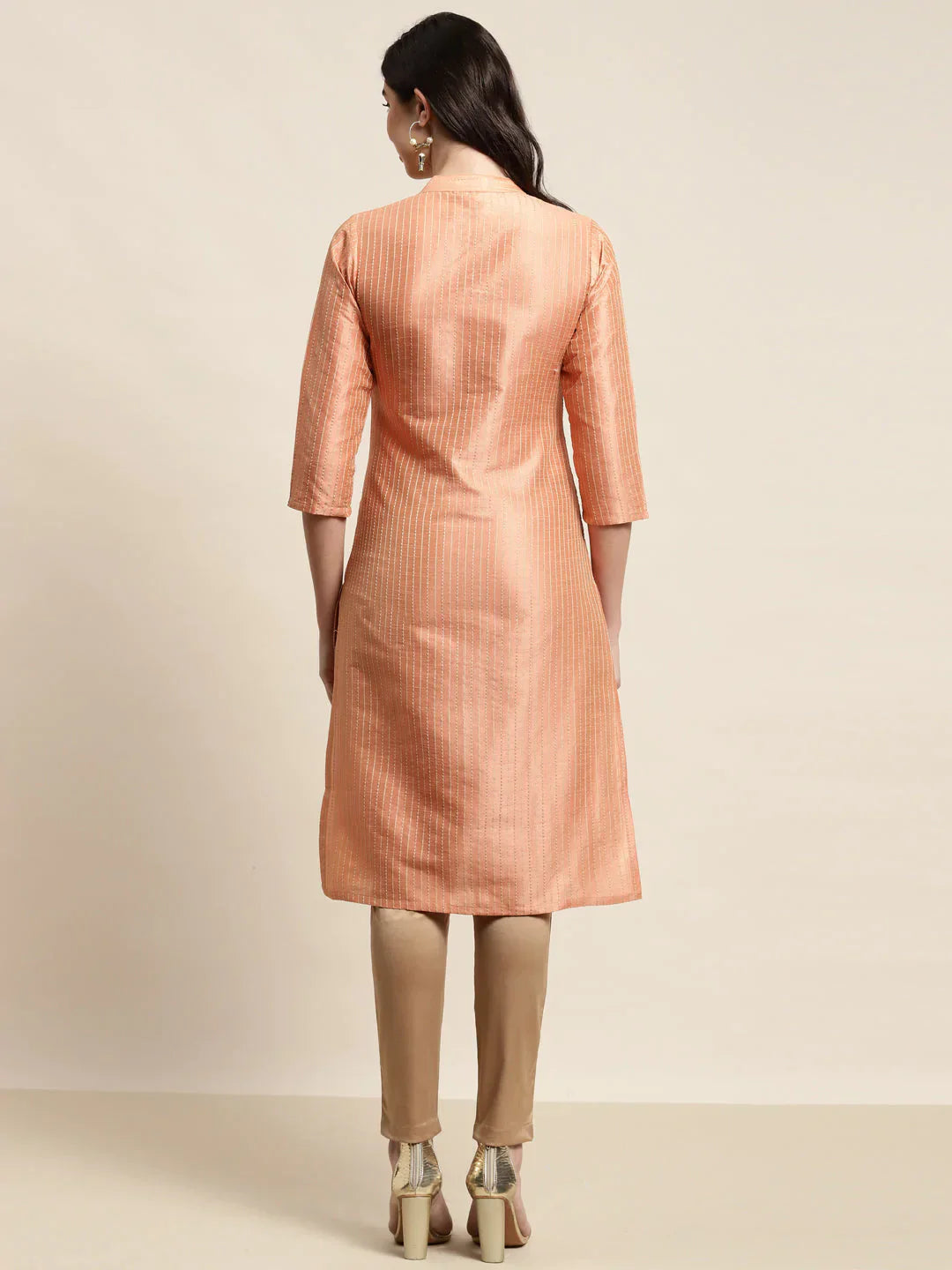 Jompers Women's Orange Striped Thread Work Kurta