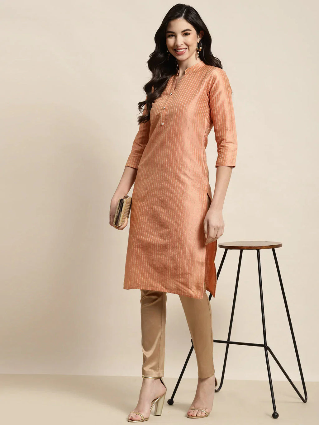 Jompers Women's Orange Striped Thread Work Kurta