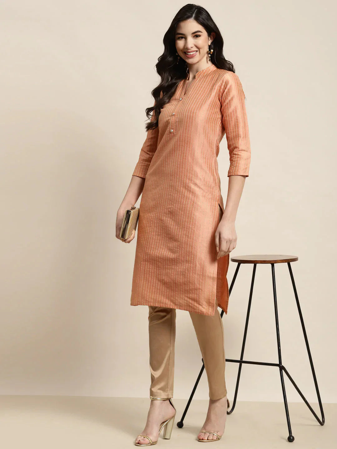 Jompers Women's Orange Striped Thread Work Kurta