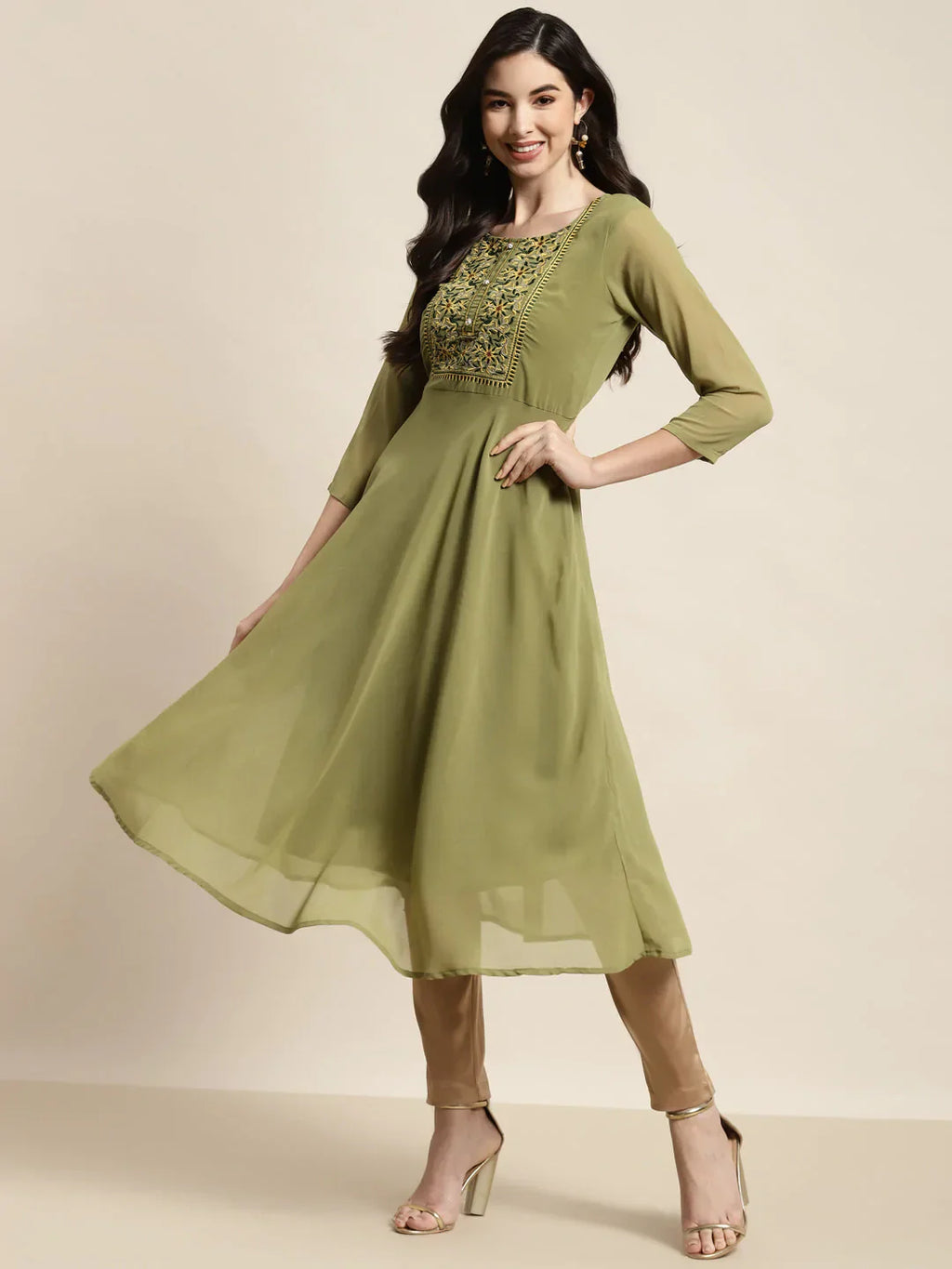 Jompers Women's Yoke Design Georgette Anarkali Kurta - Green