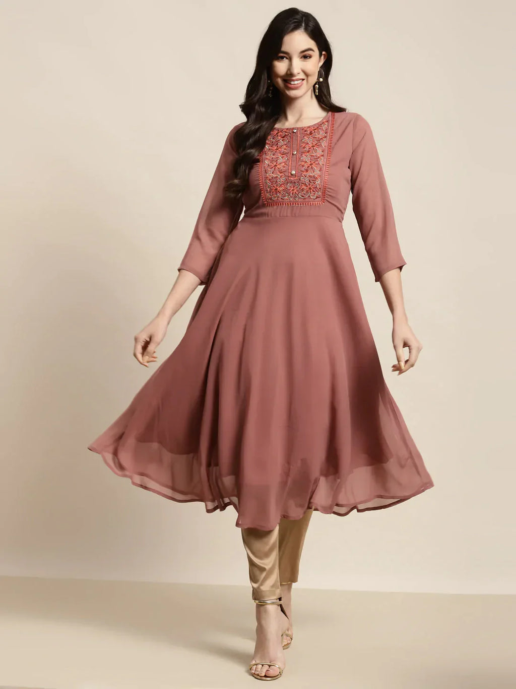 Jompers Women's Yoke Design Georgette Anarkali Kurta - Rust