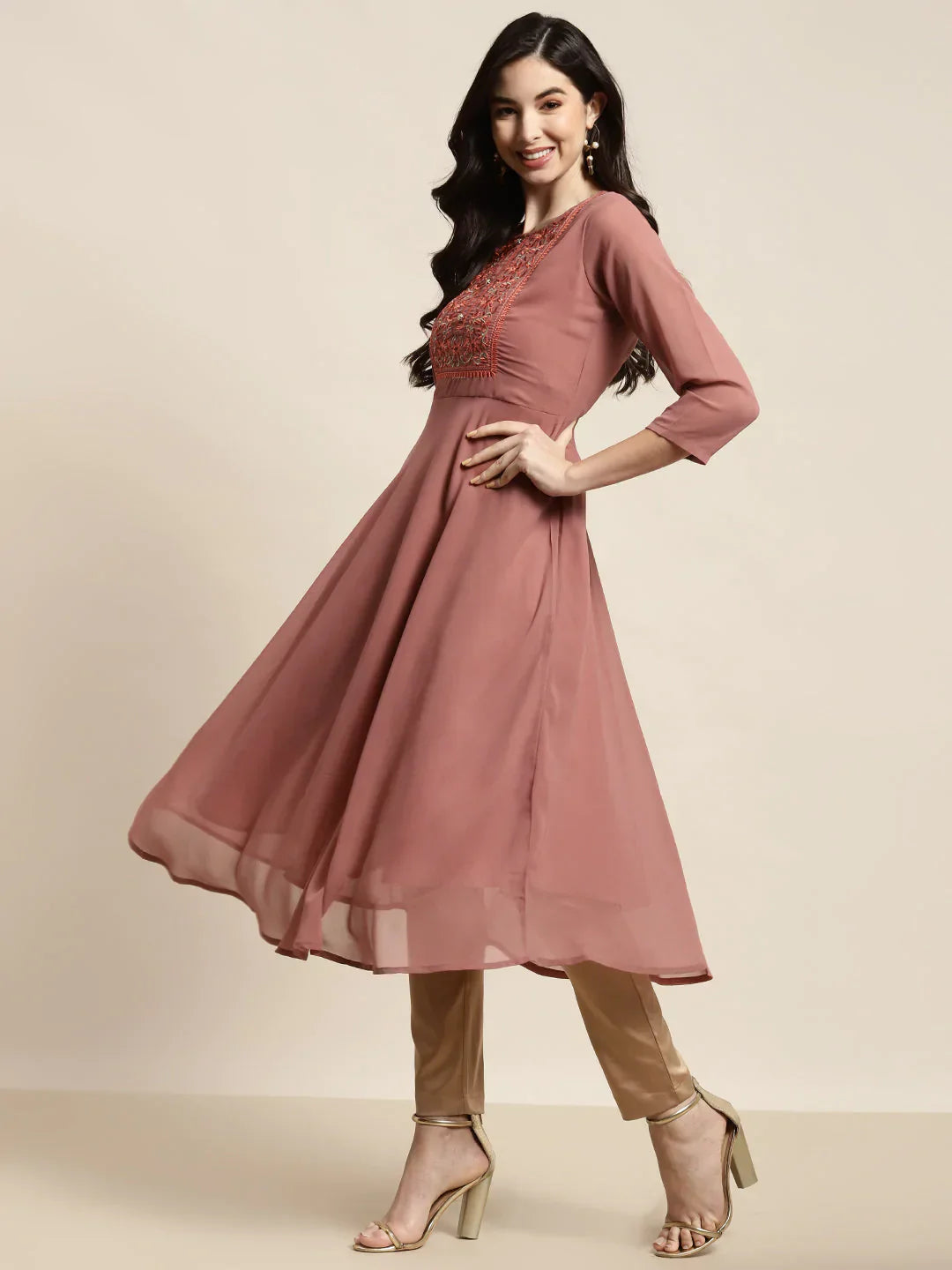 Jompers Women's Yoke Design Georgette Anarkali Kurta - Rust