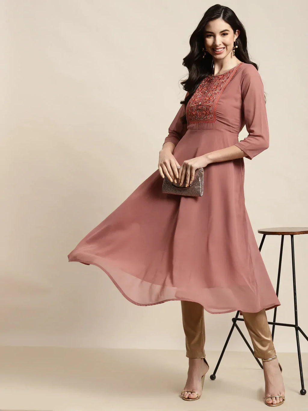 Jompers Women's Yoke Design Georgette Anarkali Kurta - Rust
