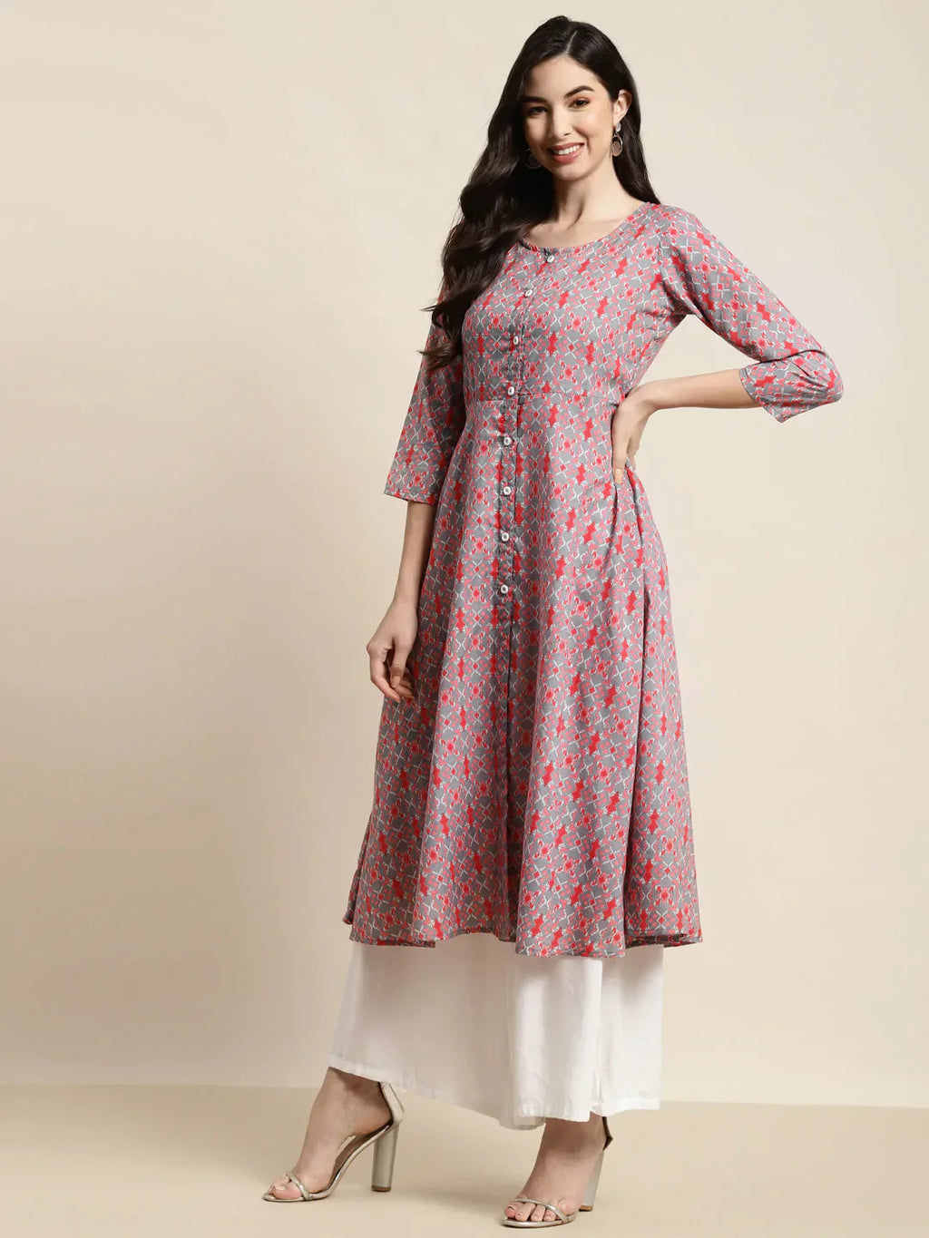Jompers Women's Printed Anarkali Kurta - Grey