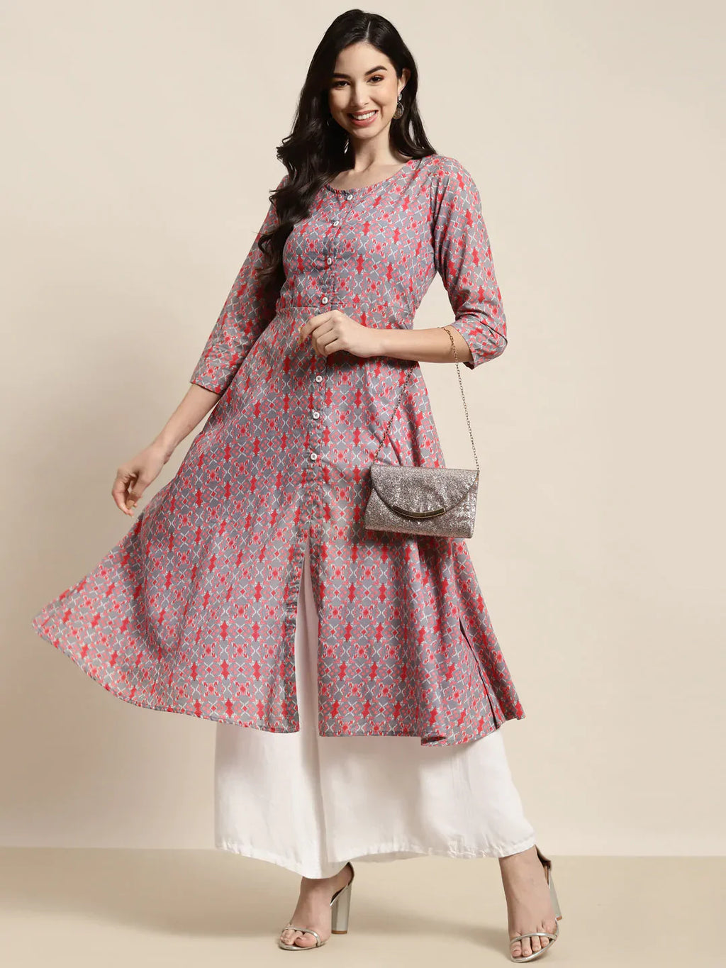 Jompers Women's Printed Anarkali Kurta - Grey
