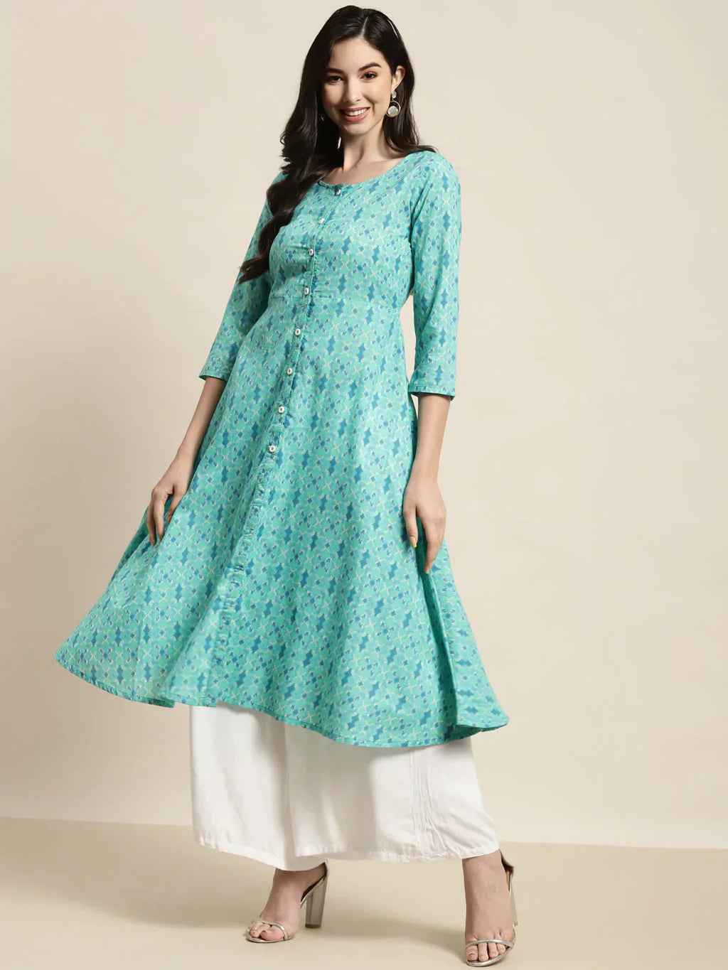Jompers Women's Printed Anarkali Kurta - Pista