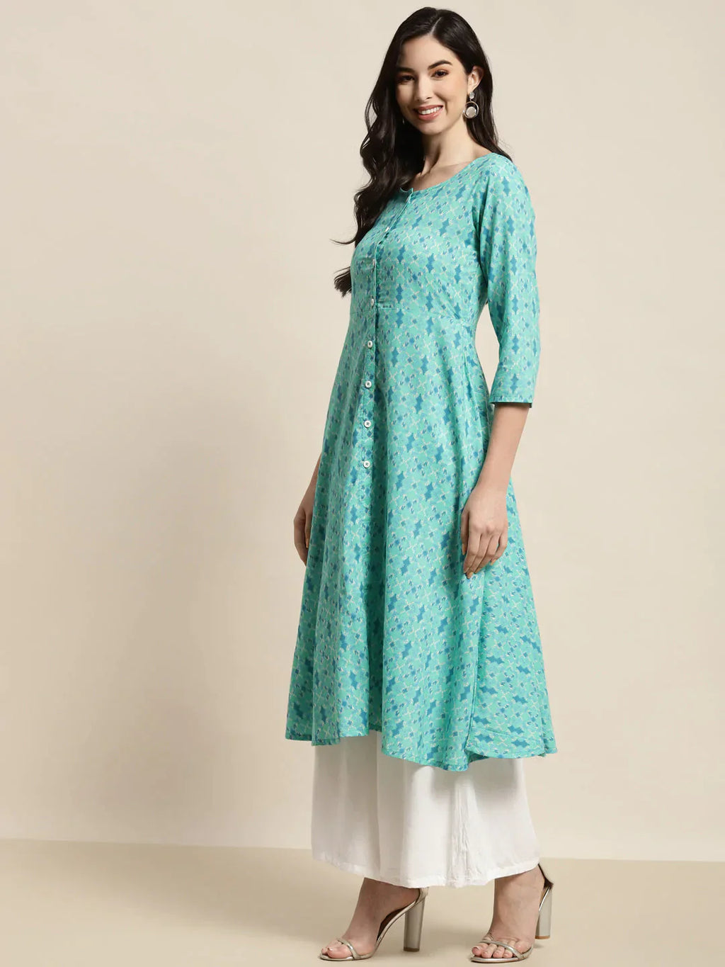 Jompers Women's Printed Anarkali Kurta - Pista