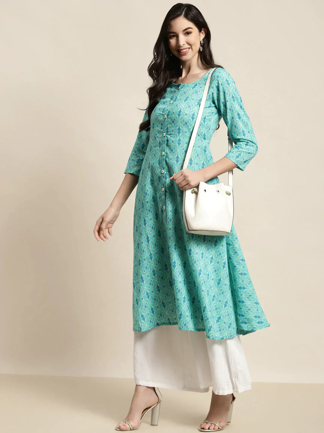 Jompers Women's Printed Anarkali Kurta - Pista