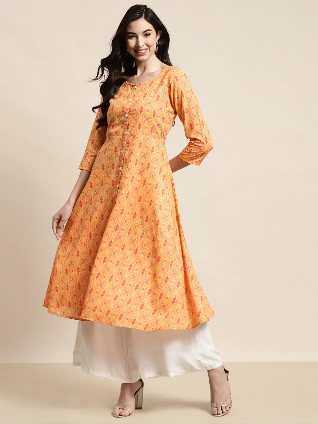 Jompers Women's Printed Anarkali Kurta - Yellow