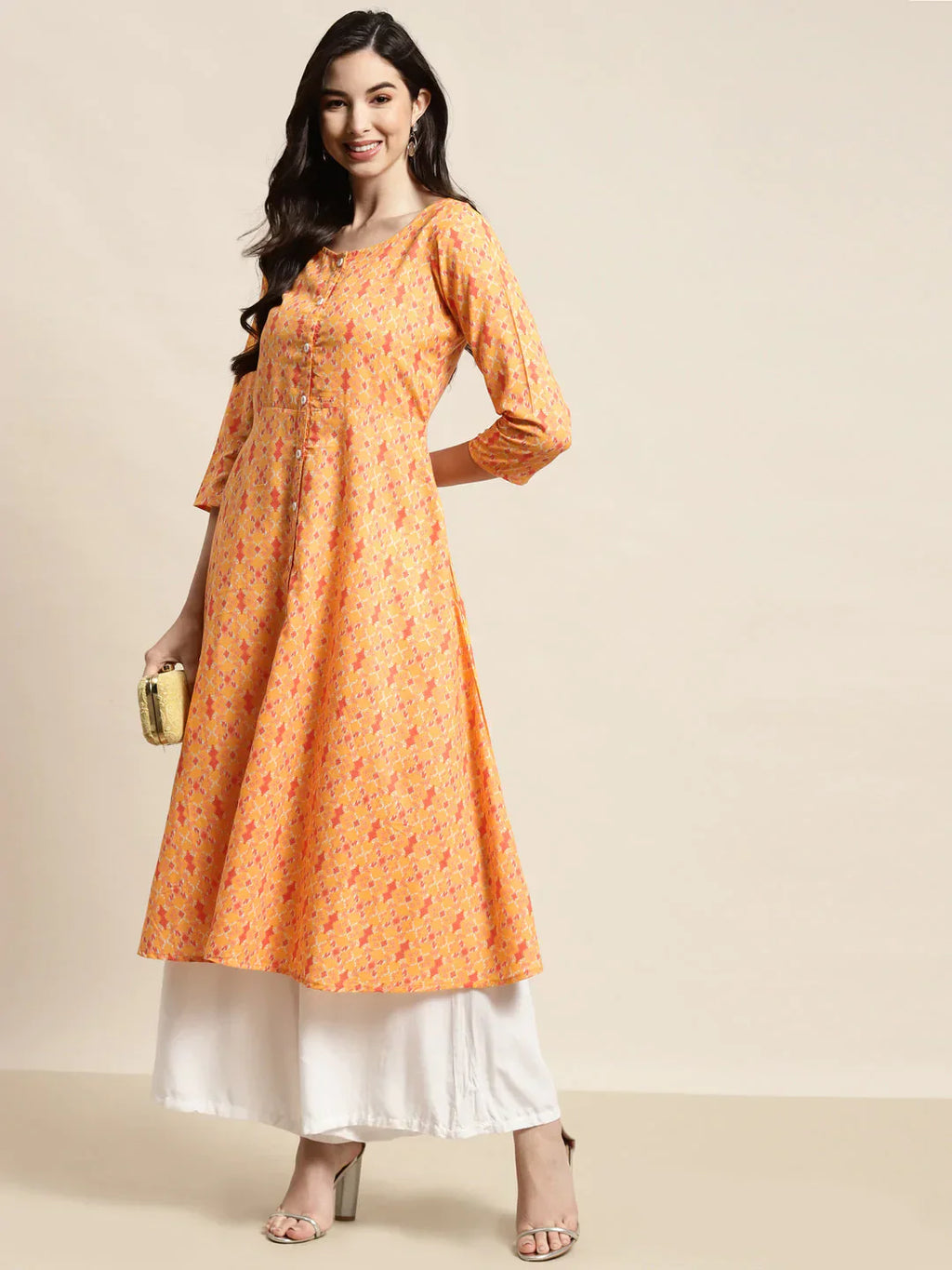 Jompers Women's Printed Anarkali Kurta - Yellow