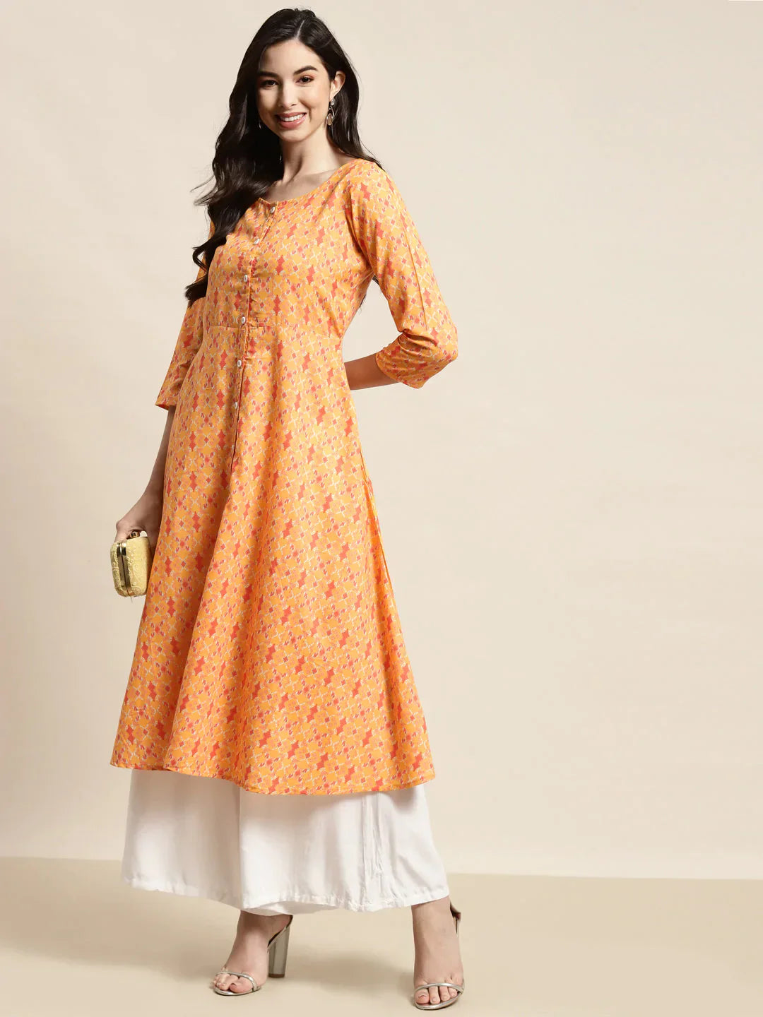Jompers Women's Printed Anarkali Kurta - Yellow