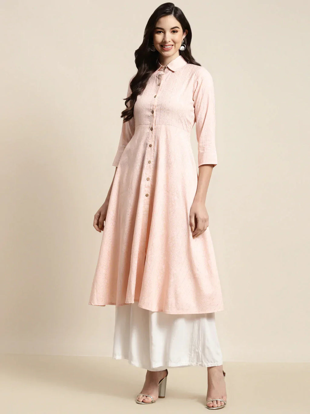 Jompers Women's Shirt Collar flared Kurta - Orange