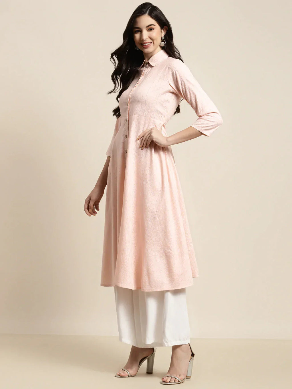 Jompers Women's Shirt Collar flared Kurta - Orange