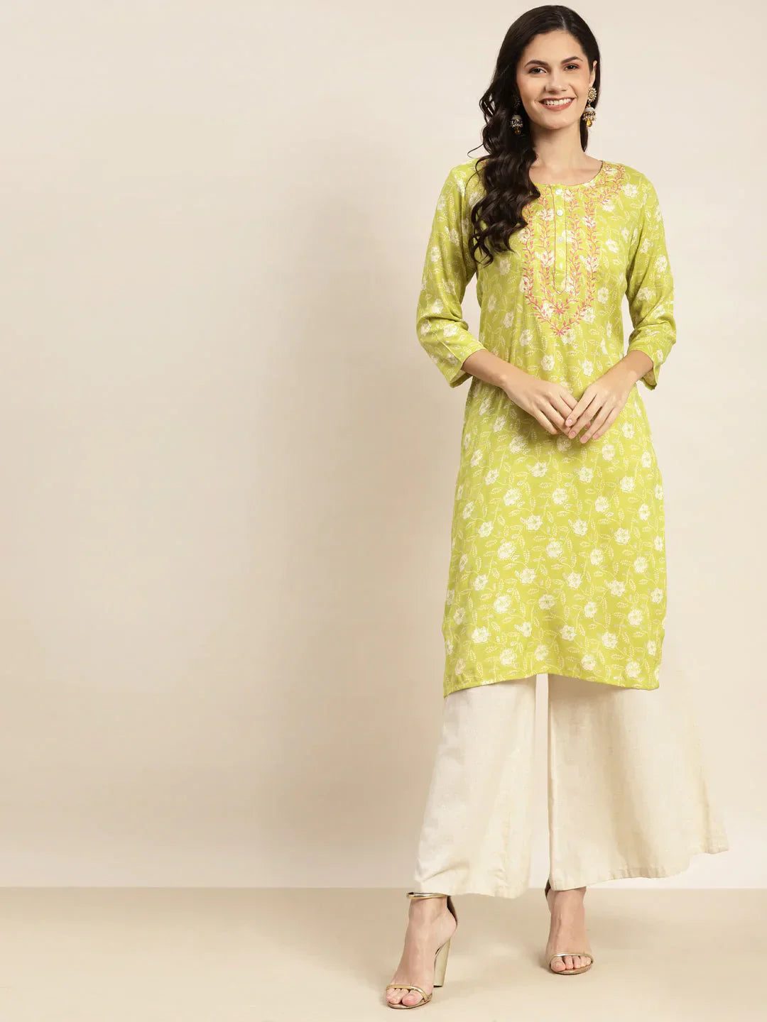 Jompers Women's Floral Printed Embroidered Detail Kurta - Green