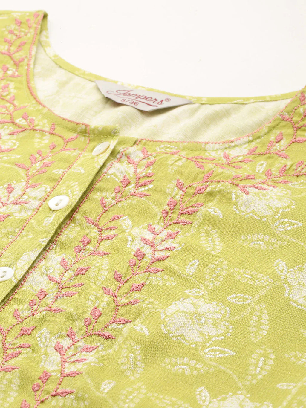 Jompers Women's Floral Printed Embroidered Detail Kurta - Green