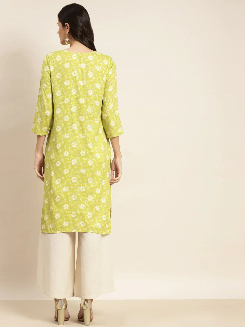 Jompers Women's Floral Printed Embroidered Detail Kurta - Green