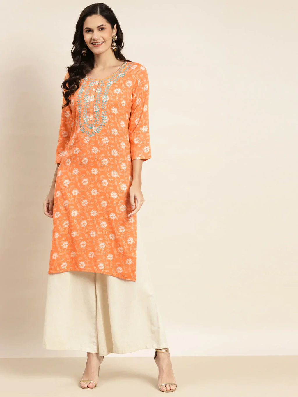 Jompers Women's Floral Printed Embroidered Detail Kurta - Orange