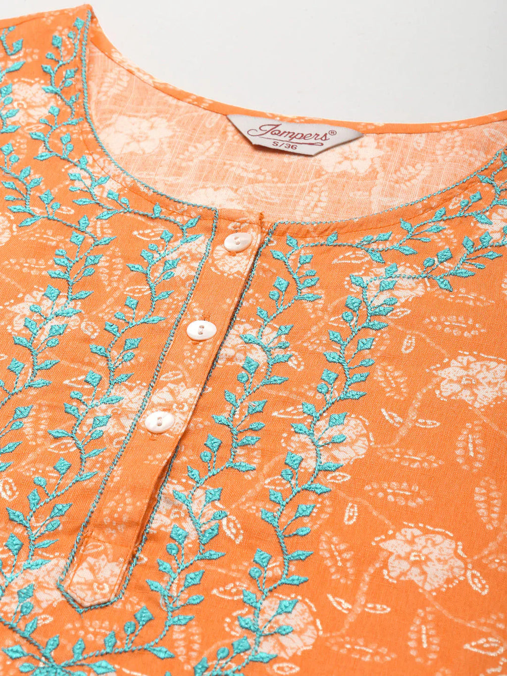 Jompers Women's Floral Printed Embroidered Detail Kurta - Orange