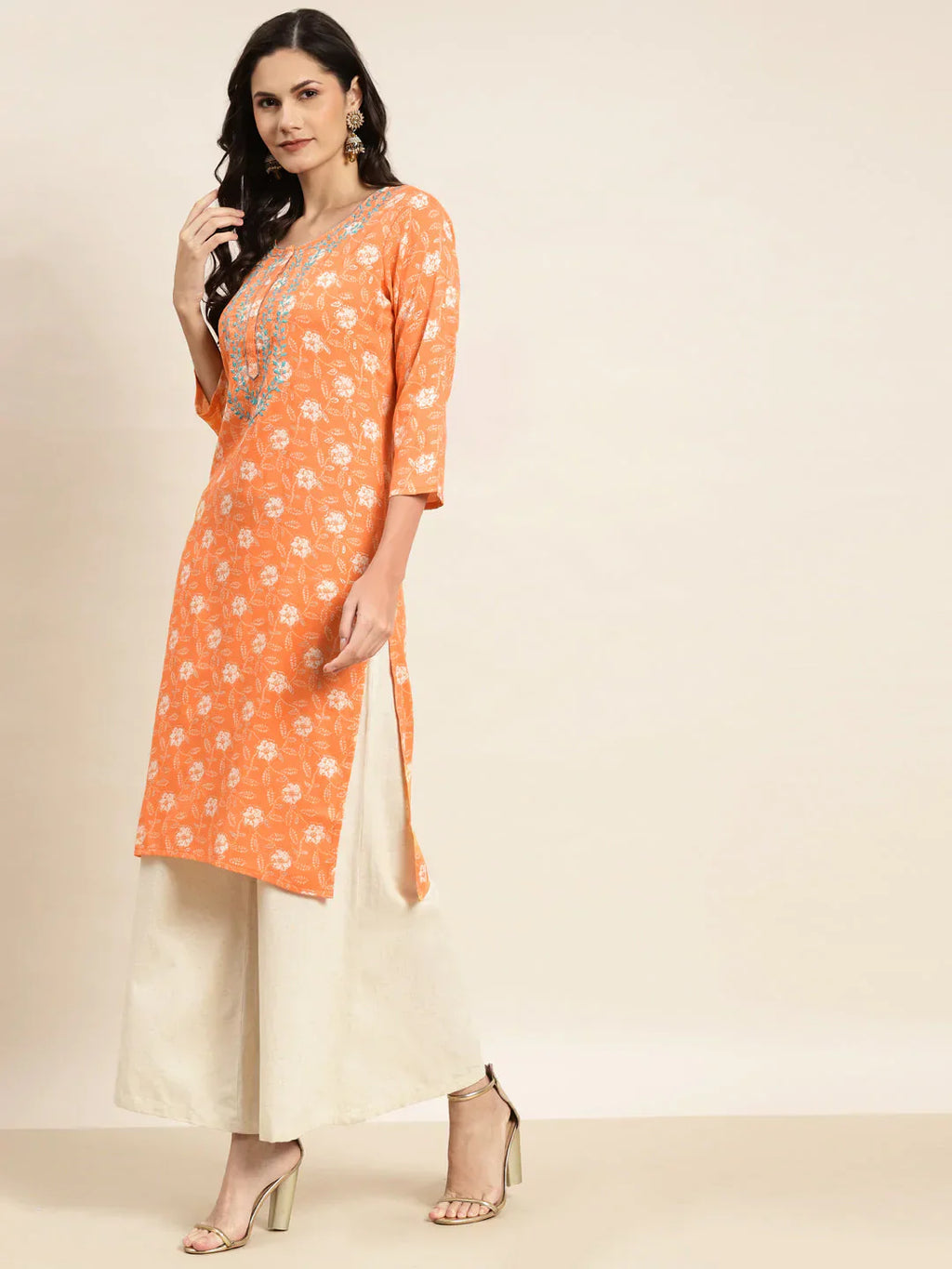 Jompers Women's Floral Printed Embroidered Detail Kurta - Orange
