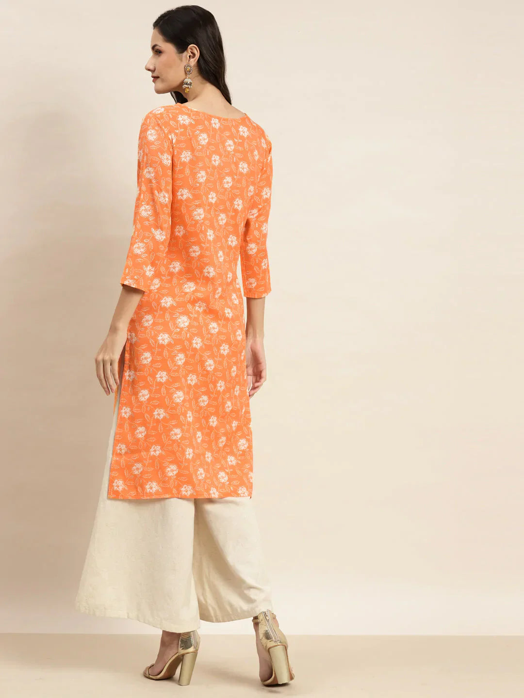 Jompers Women's Floral Printed Embroidered Detail Kurta - Orange