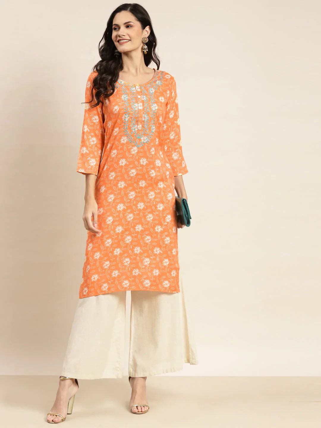 Jompers Women's Floral Printed Embroidered Detail Kurta - Orange