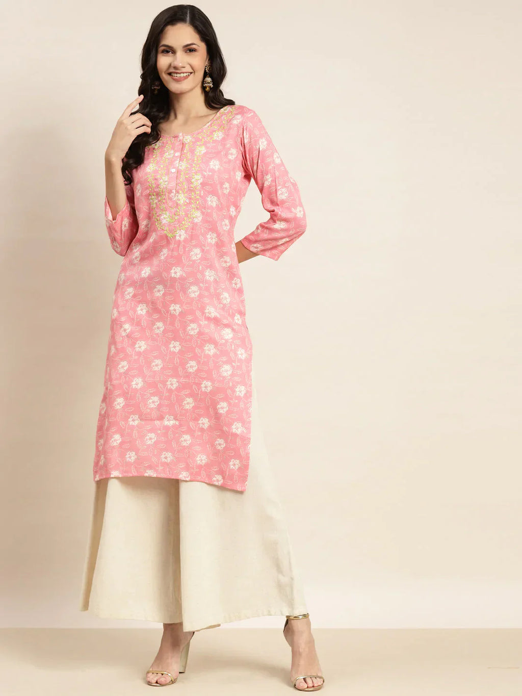 Jompers Women's Floral Printed Embroidered Detail Kurta - Pink