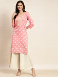 Jompers Women's Floral Printed Embroidered Detail Kurta - Pink