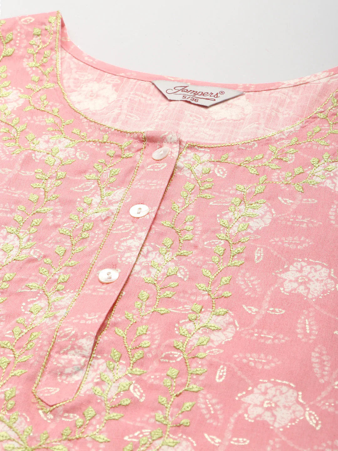 Jompers Women's Floral Printed Embroidered Detail Kurta - Pink