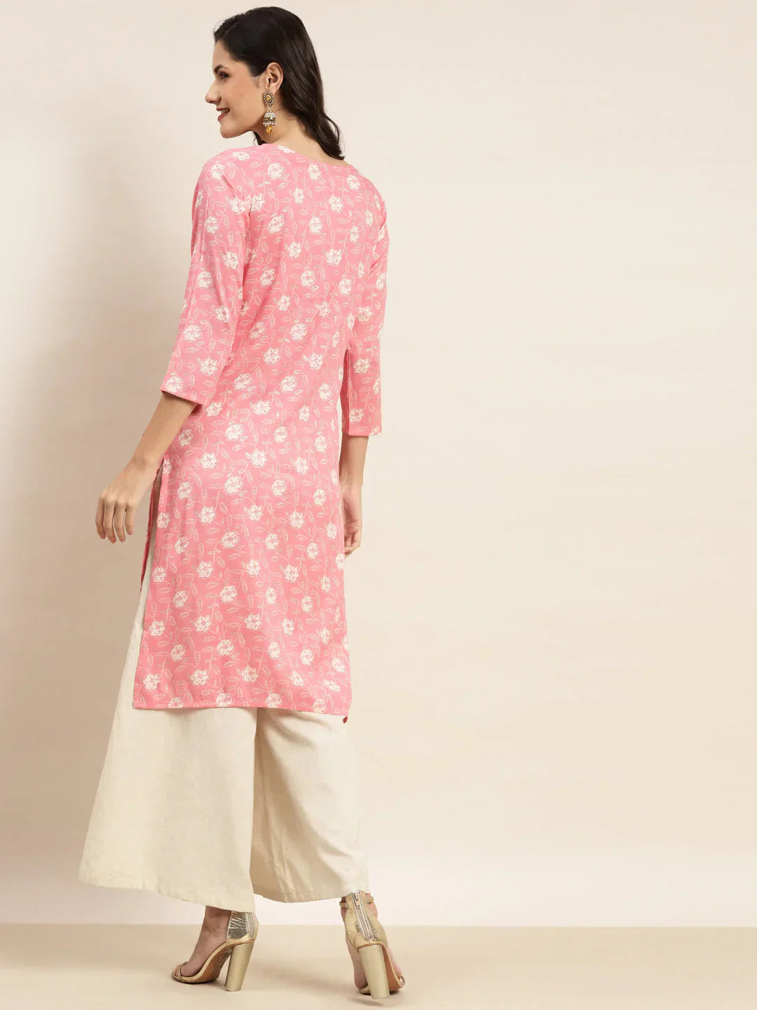 Jompers Women's Floral Printed Embroidered Detail Kurta - Pink