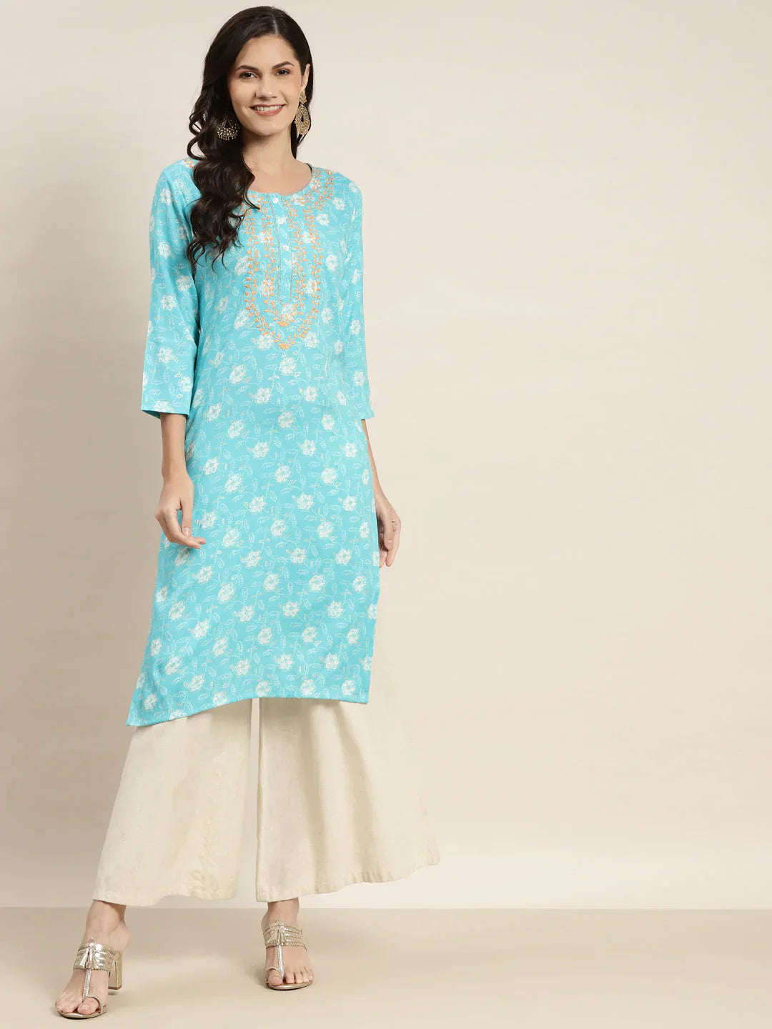 Jompers Women's Floral Printed Embroidered Detail Kurta - Sky Blue