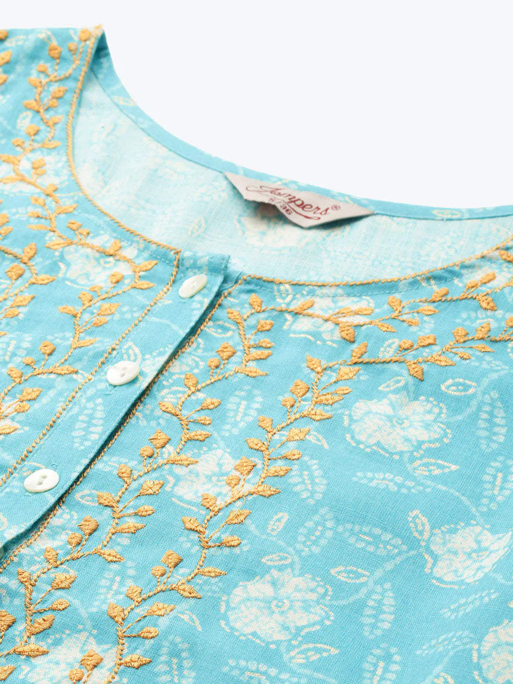 Jompers Women's Floral Printed Embroidered Detail Kurta - Sky Blue