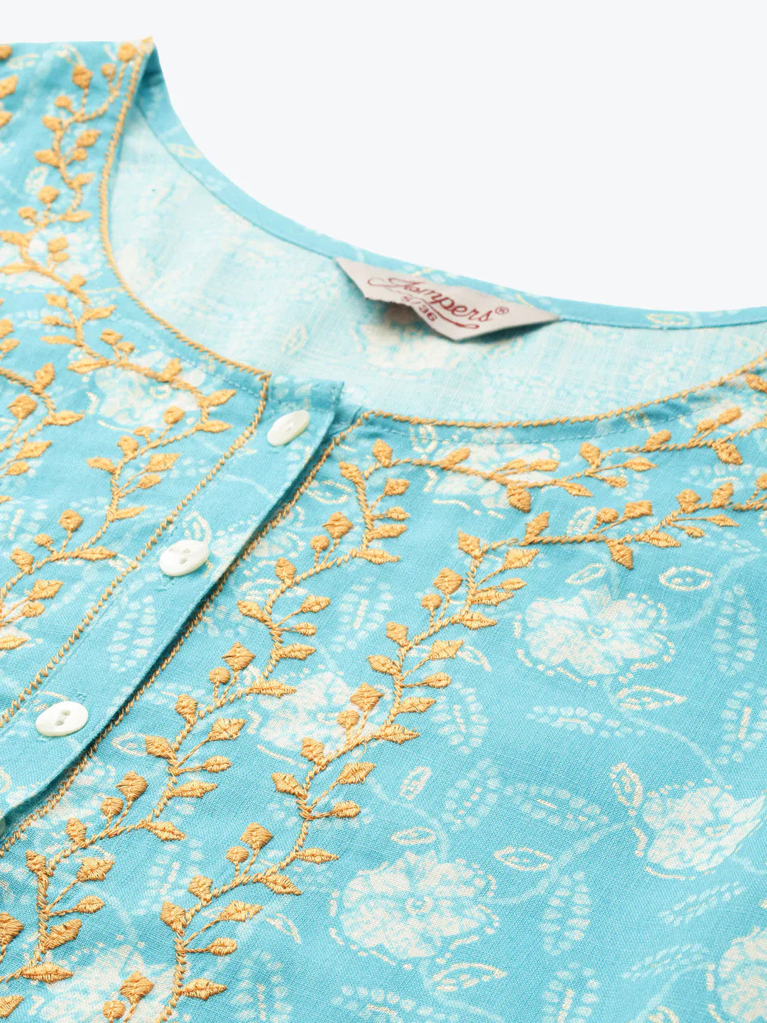 Jompers Women's Floral Printed Embroidered Detail Kurta - Sky Blue