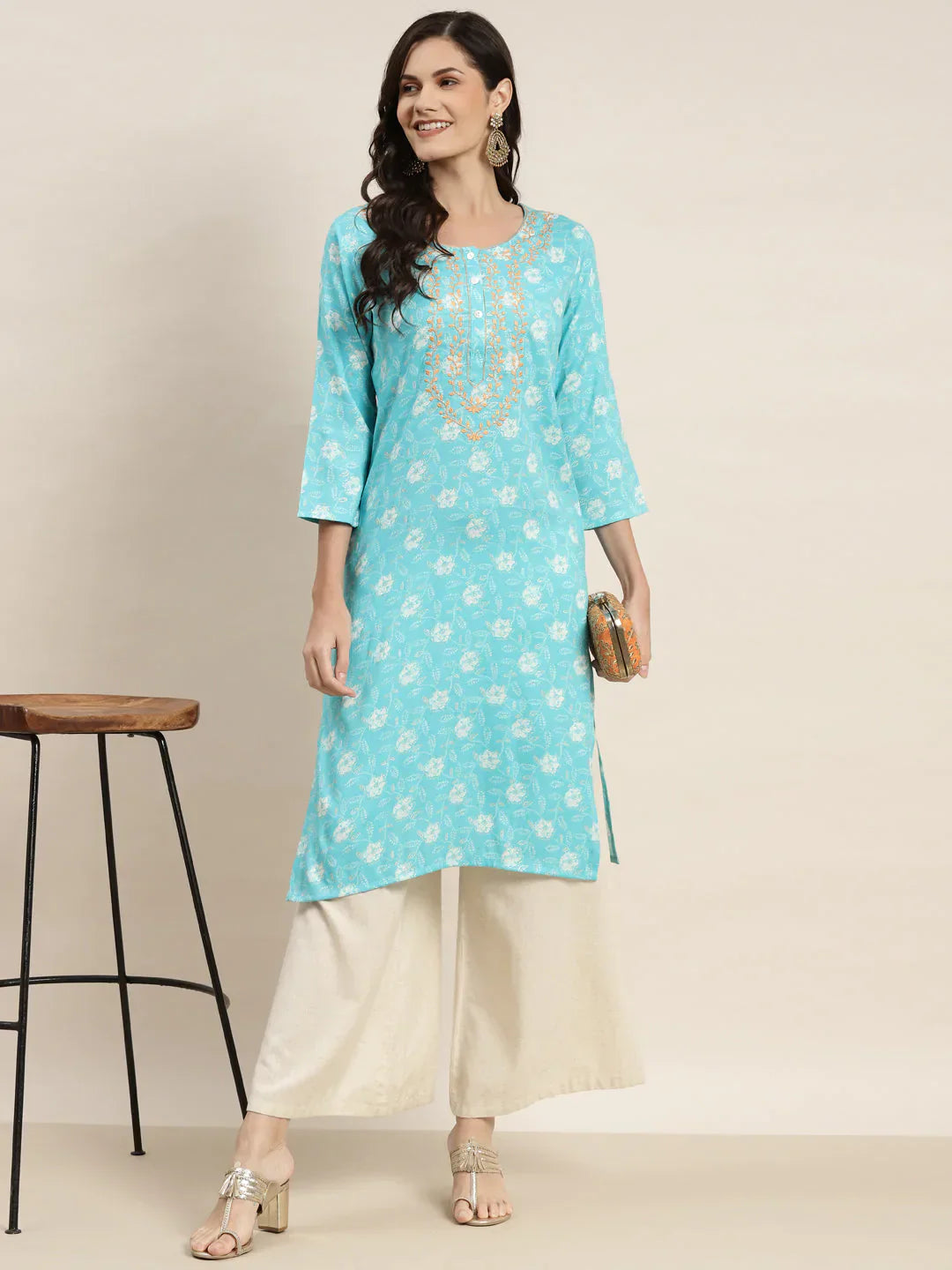 Jompers Women's Floral Printed Embroidered Detail Kurta - Sky Blue