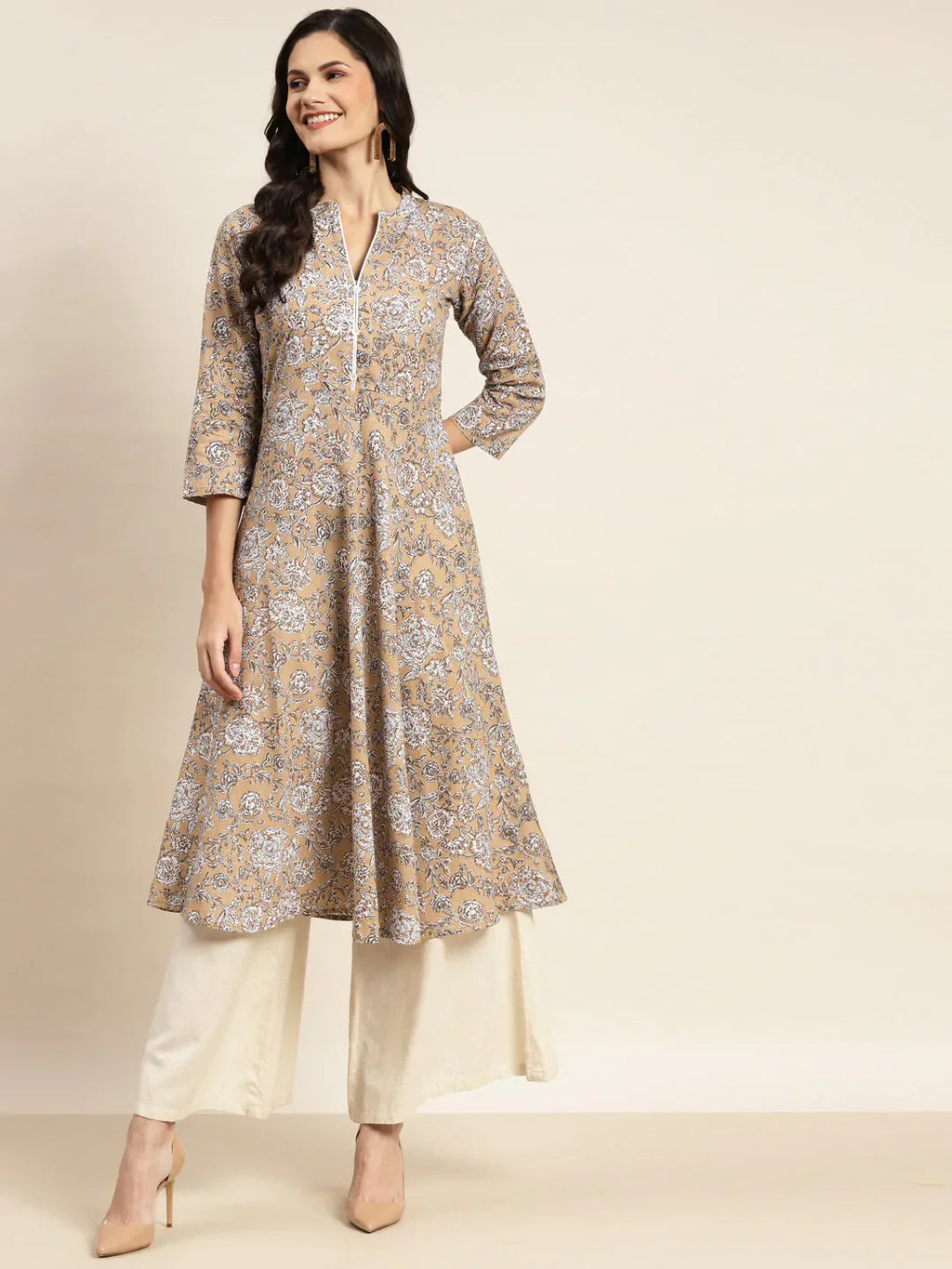 Jompers Women's Floral Printed Anarkali Cotton Kurta - Brown