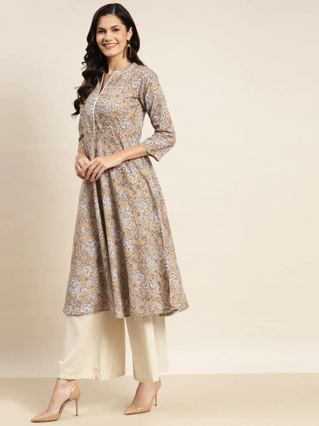 Jompers Women's Floral Printed Anarkali Cotton Kurta - Brown