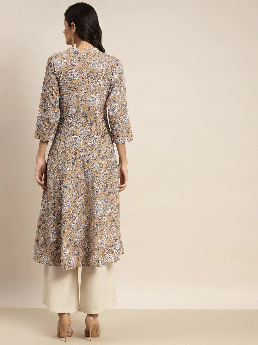 Jompers Women's Floral Printed Anarkali Cotton Kurta - Brown