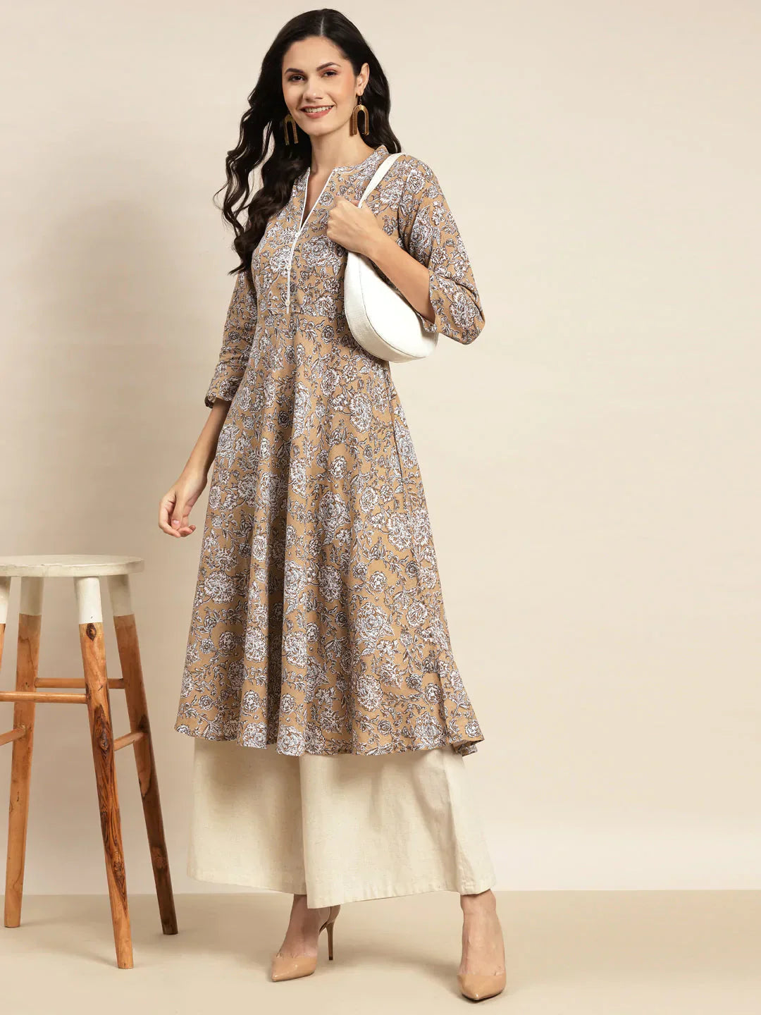 Jompers Women's Floral Printed Anarkali Cotton Kurta - Brown