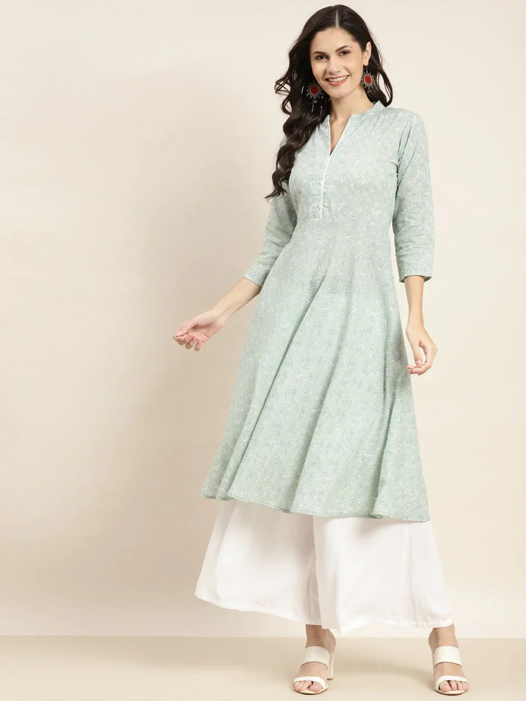 Jompers Women's Floral Printed Anarkali Cotton Kurta - Green