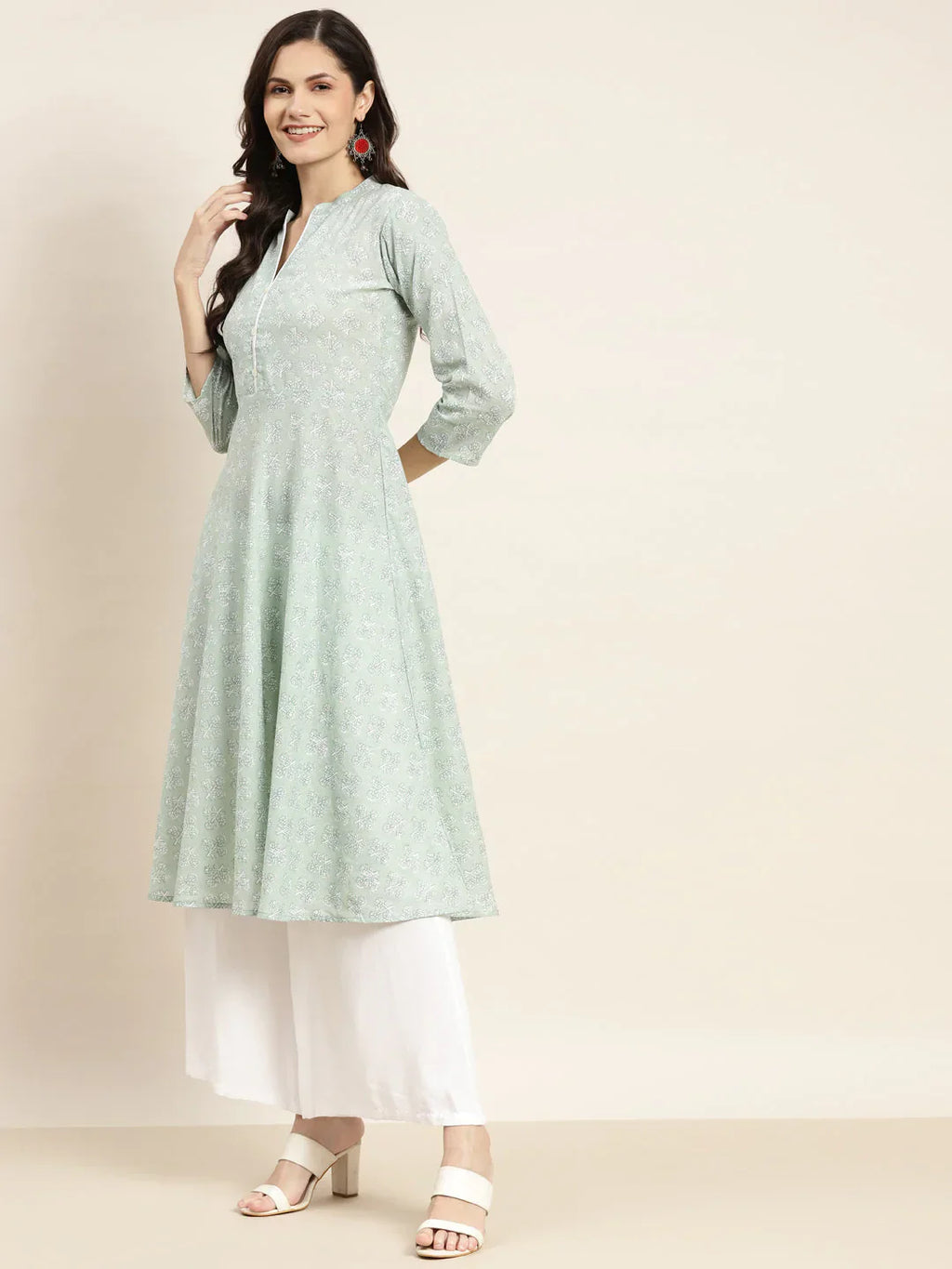 Jompers Women's Floral Printed Anarkali Cotton Kurta - Green
