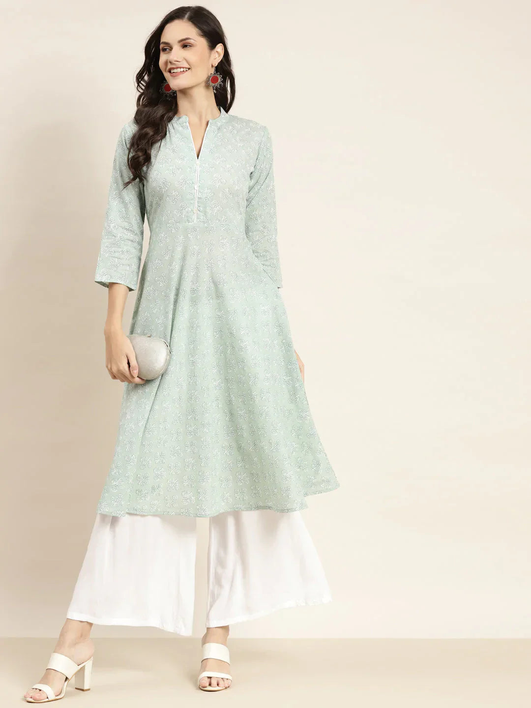 Jompers Women's Floral Printed Anarkali Cotton Kurta - Green