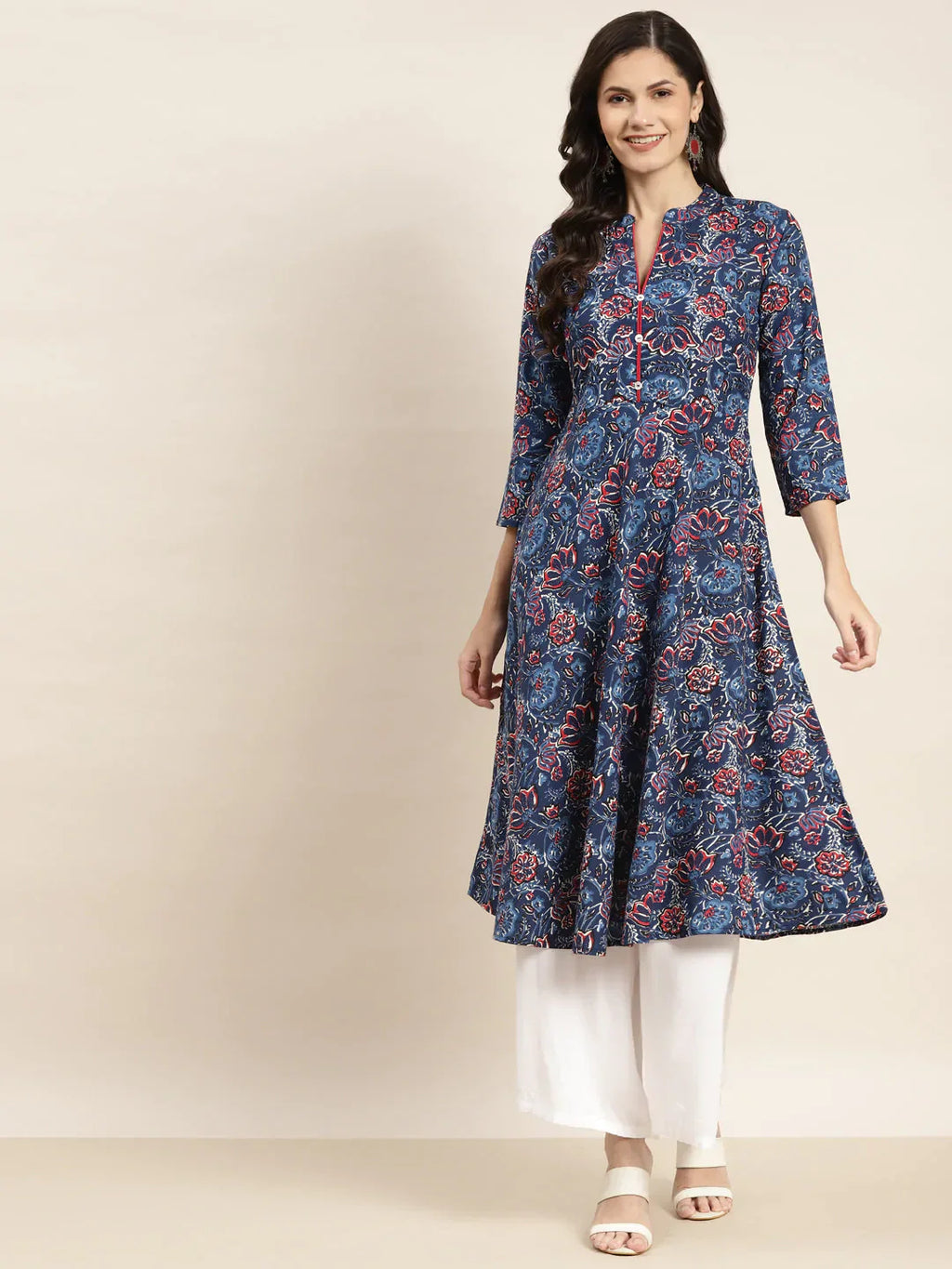 Jompers Women's Floral Printed Anarkali Cotton Kurta - Navy Blue
