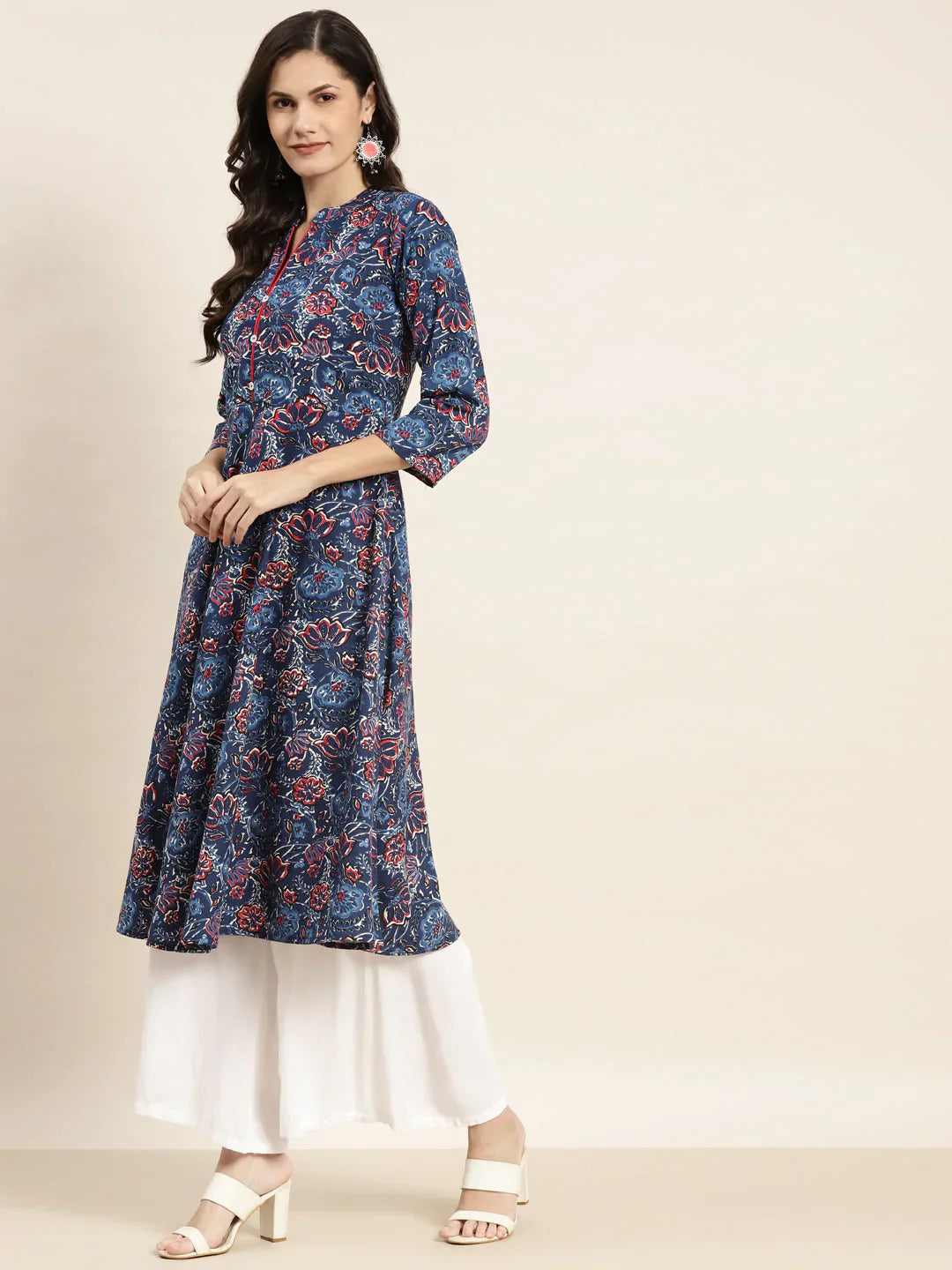 Jompers Women's Floral Printed Anarkali Cotton Kurta - Navy Blue