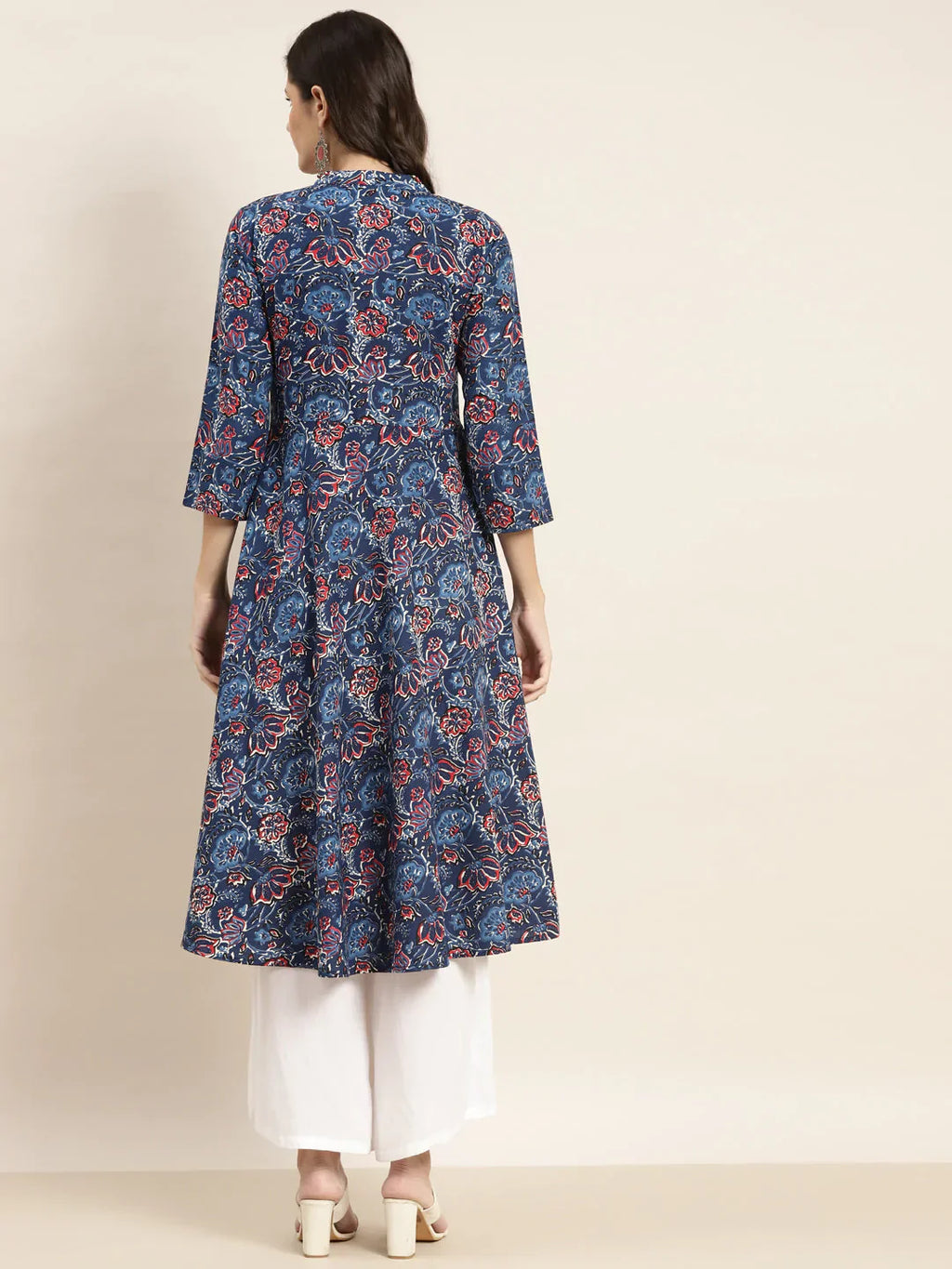 Jompers Women's Floral Printed Anarkali Cotton Kurta - Navy Blue