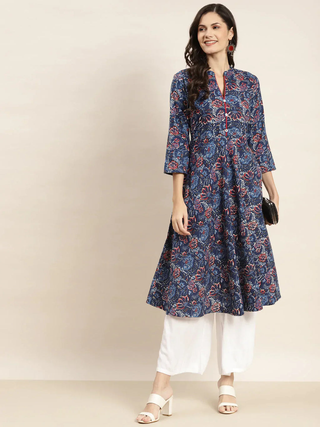 Jompers Women's Floral Printed Anarkali Cotton Kurta - Navy Blue