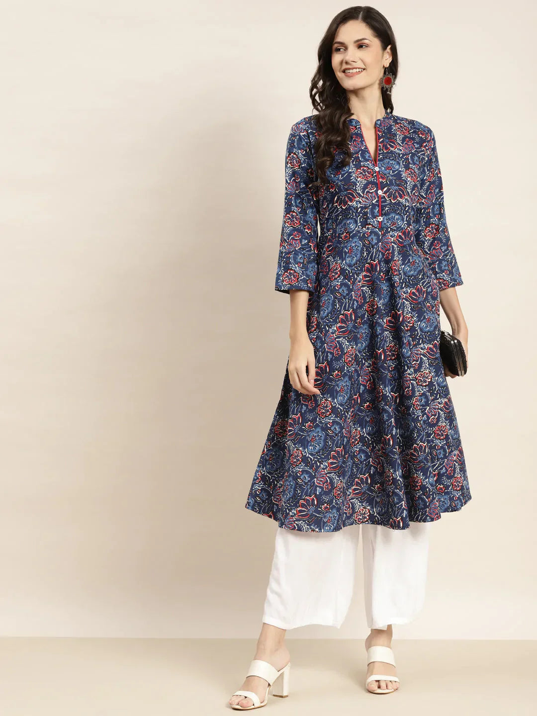 Jompers Women's Floral Printed Anarkali Cotton Kurta - Navy Blue
