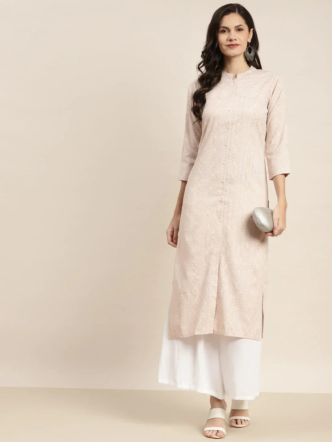 Jompers Women's Ethnic Motifs Printed Lurex Kurta - Brown