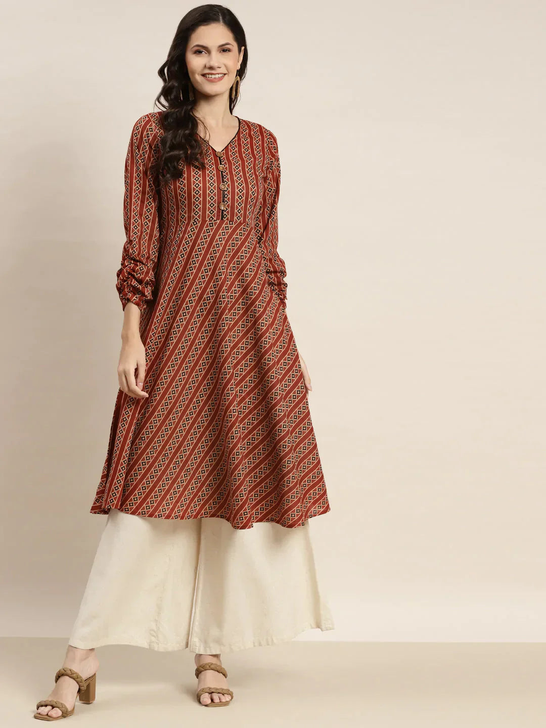 Jompers Women's Printed Anarkali Kurta - Brown
